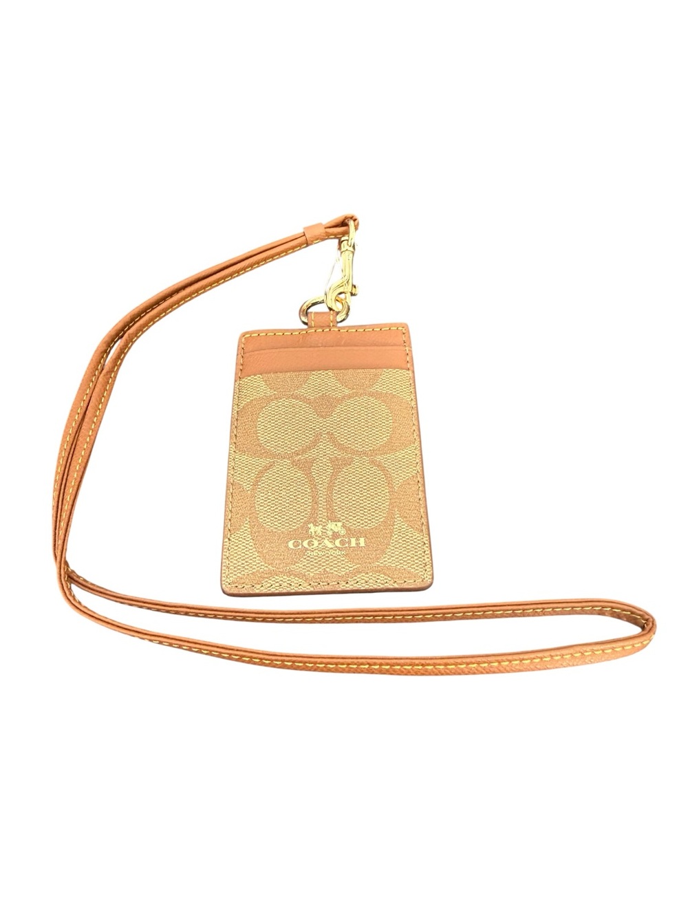 Coach Tan Signature Canvas Lanyard Card Holder with Gold Hardware